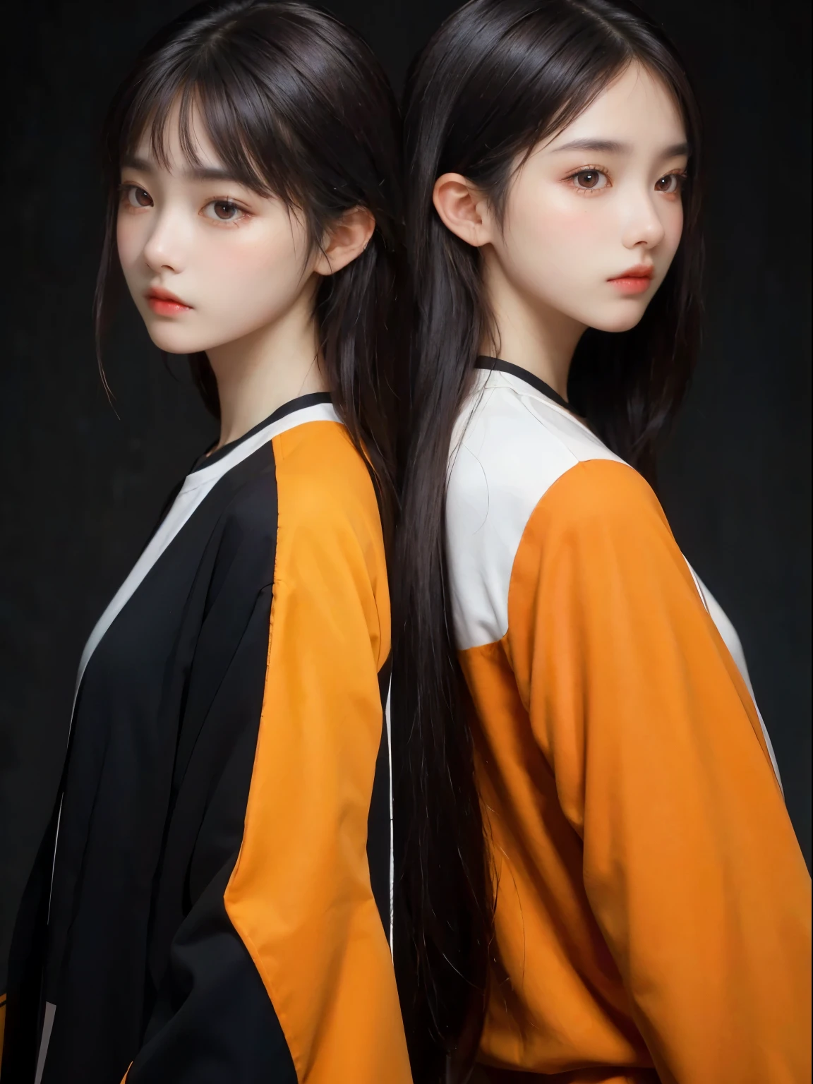 very detailed CG Unity 8K 배경화면、top quality、very detailed、masterpiece、studio shot、full body portrait、black, Orange, white jacket、realistic、Pictures are real、very detailed 귀여운 소녀、solo、sixteen years old、squinting, gloomy expression, hands behind back、Orange색 배경에 검은색 줄무늬, Avant-garde hair, asymmetric hair, Hair of various colors including black and orange,