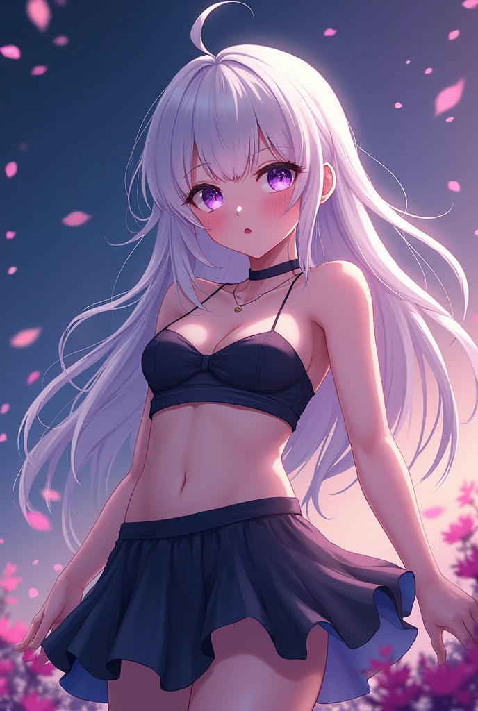 realistic, 1girl, white hair, purple eyes, glowing eyes, crop top, skirt, parted lips, blush, night, flowers, sun, sunlight,