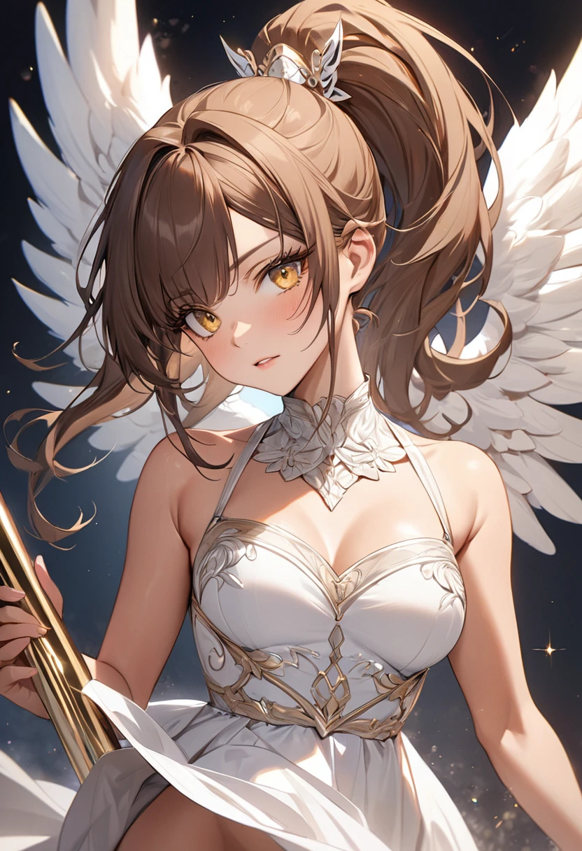 ((best quality)), ((Masterpiece)), (details), Young woman, (Medium bust, brown hair, yellow eyes, ((Ponytail)) , Hip fart, handsome face, (Tanned skin:1.3), Long eyelashes,Thick eyelashes) ,angel, ปีกangel, Halation , Elegant white dress, holding a weapon