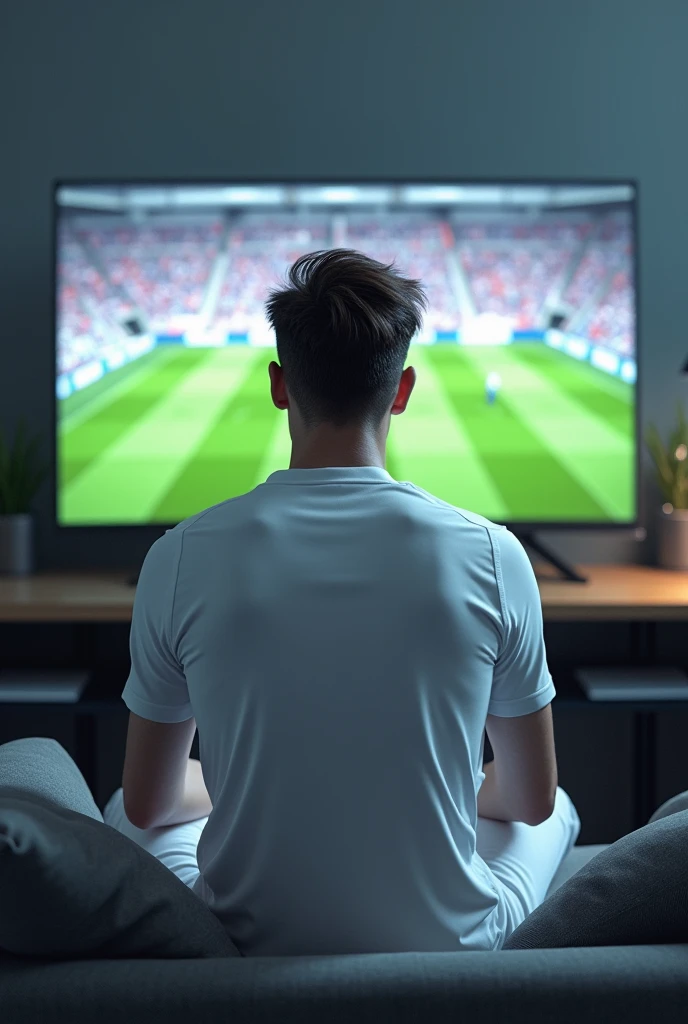Male fan sitting on couch dressed in all-white team uniform watching football game on television, with the all-white team uniform, on an office desk