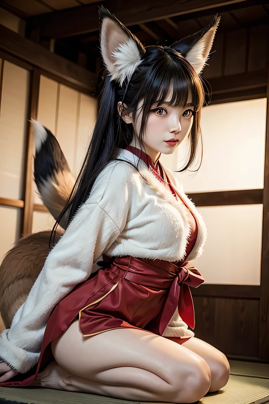 Japanese woman with red eyes and fox ears and fluffy tail and kitsune clothes