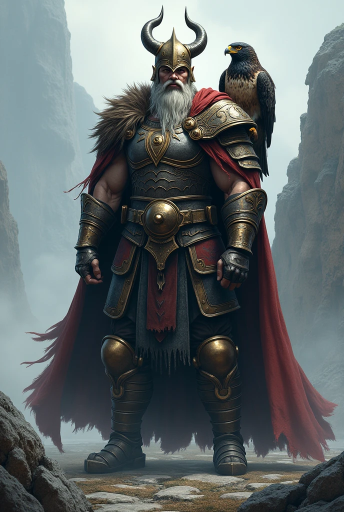 Norse god Tyr wearing helmet and with a falcon next to him for tattoo