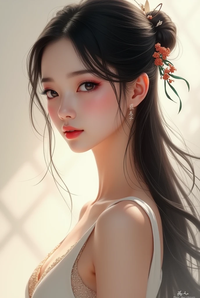 Chinese beauties、Long Hair、No sleeve、cute、Straight nose、bangs