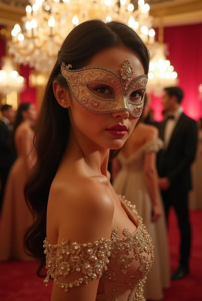 Cha Eunwoo at a masquerade ball with her outfit and mask