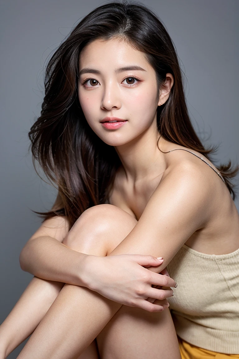 High-quality, detailed images、solo、Korean Beauty、{{Completely naked}},pubic hair、knees up、Side view、Photo studio