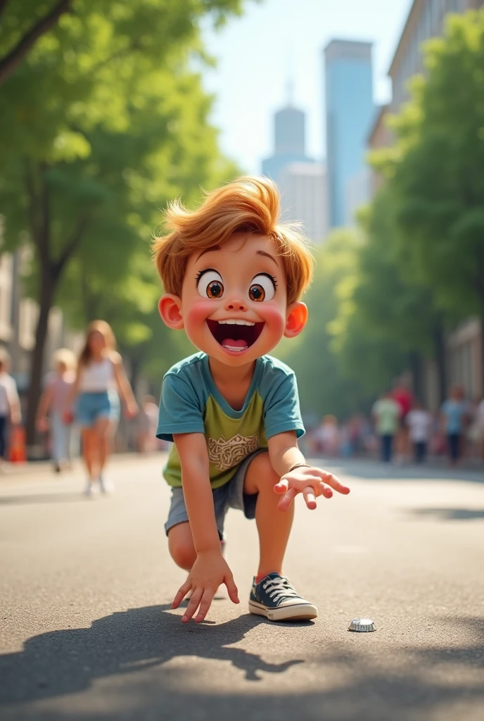 Image of an excited child on the street outside a park picking up a coin