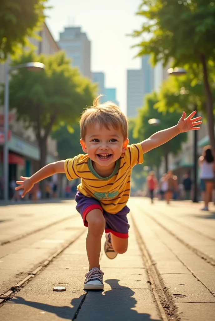 Image of an excited child on the street outside a park picking up a coin
