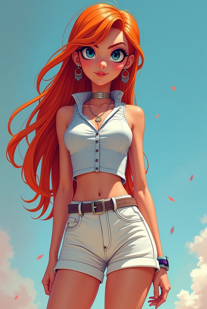 Teen Titans cartoon character Starfire wearing white denim daisy dukes shorts, a buckle belt, a frost-tie shirt and platform velvet buckled sandals
