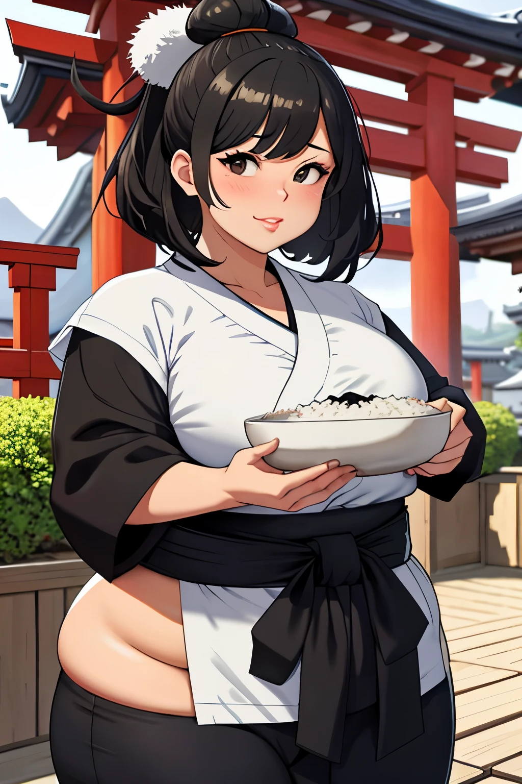 chubby sumo girl, black hair, black eyes, white sumo mawashi outfit, eating a lot rice bowls, medieval Japanese Buddhist temple background