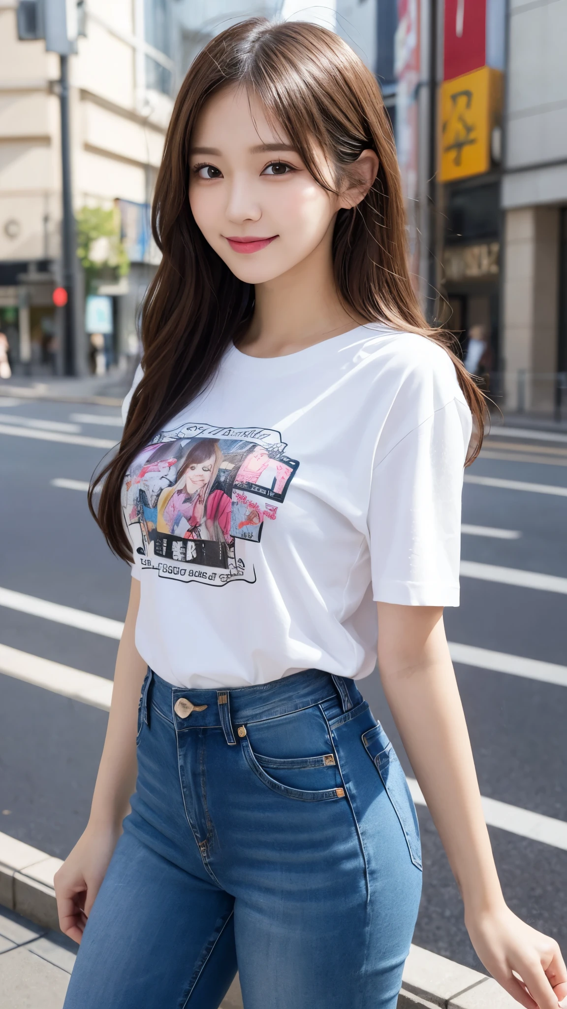 Desktop, best quality, illustration, super detailed, fine details, high resolution, 8k wallpaper, perfect dynamic composition, beautiful detailed eyes, medium long hair, small breasts, natural color lips, smile, Harajuku, 20 years old Girl, cute, confident looking at camera, sculpted model pose, city, KPOP idol face, t-shirt, jeans
