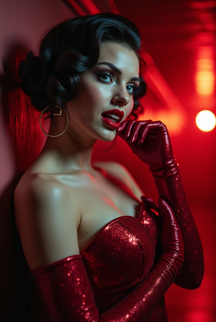 A close-up of a sensual, evil-smiling seduction scene in A Bewitching: A glamorous female singer with overwhelming beauty and heavy makeup, wearing her stage costume of a crimson satin off-shoulder dress with glitter, suddenly appears from the shadows of an unoccupied, eerily bright ship's corridor and seductively beckons a lost man. The man succumbs to his carnal desires and gives in to the temptation, losing himself in the pursuit of the woman's voluptuous buttocks as he is led along. The woman, who entered the elevator first, urges him to enter, saying that they will do something naughty inside, when the elevator is broken, and in fact the entire bottom panel has fallen out, revealing an abyss inside the shaft. She is a lost evil spirit who lures the living to death. Demonic, evil, lascivious smile showing teeth and tongue, head tilted back, seductive gaze, looking at the viewer, front, pov, focus on woman, bust shot, bright and strong overall lighting, brunette with short perm, reflective blue eyes, wet and shining red lips, aesthetic, glamour, soft and curvy, white skin, neck, collarbone, shoulders, cleavage, huge breasts, red long gloves,