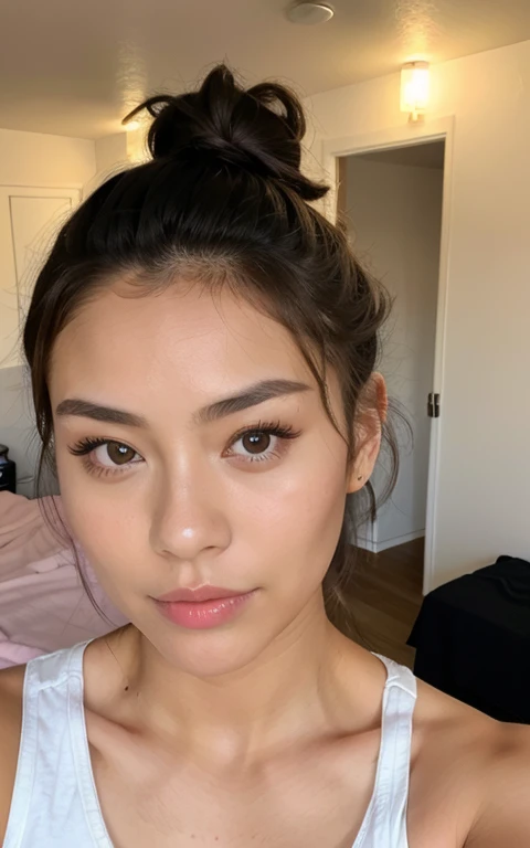 1 girl, bun hair, japanese face, natural make up, top, very muscular, bedroom, selfie