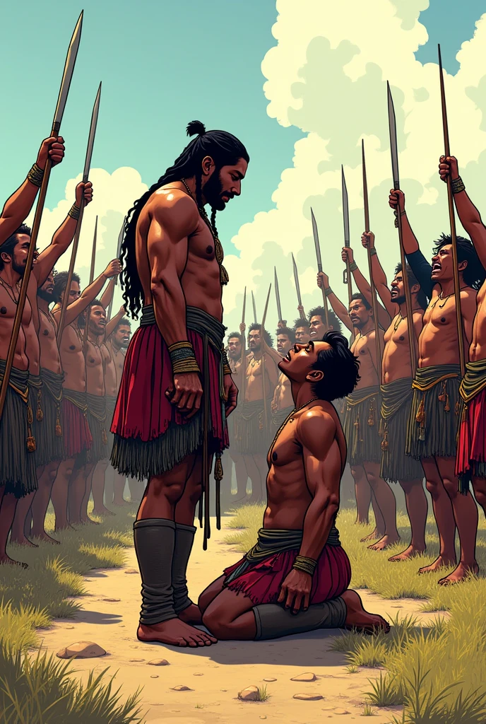 3. The Capture of Corregidor ArriagaVignette 3: in an open field, Túpac Amaru and his men have captured the corregidor Arriaga. The corregidor is kneeling and tied up, while Tupac Amaru looks at him with determination. Around it, Insurgents celebrate capture, raising weapons in the air. comic type