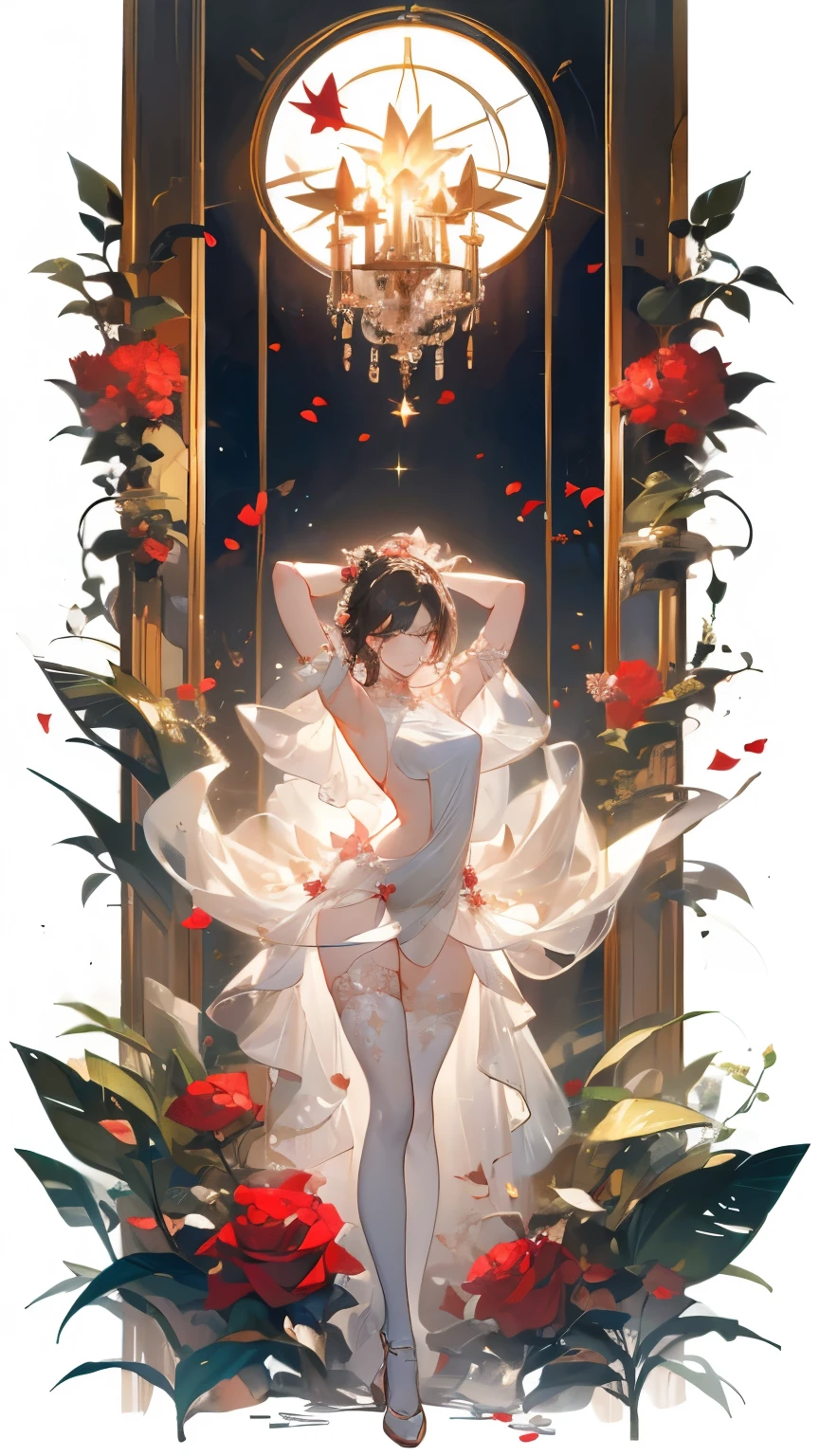((masterpiece, best quality)),dancer,Rose,earphone,Delicate face,whole body,Perfect body proportions,luxurious,Extremely beautiful,Leaves,Petals falling,sexly,White,See-through pantyhose,Fishnet stockings,transparent,Star decoration,NUDE