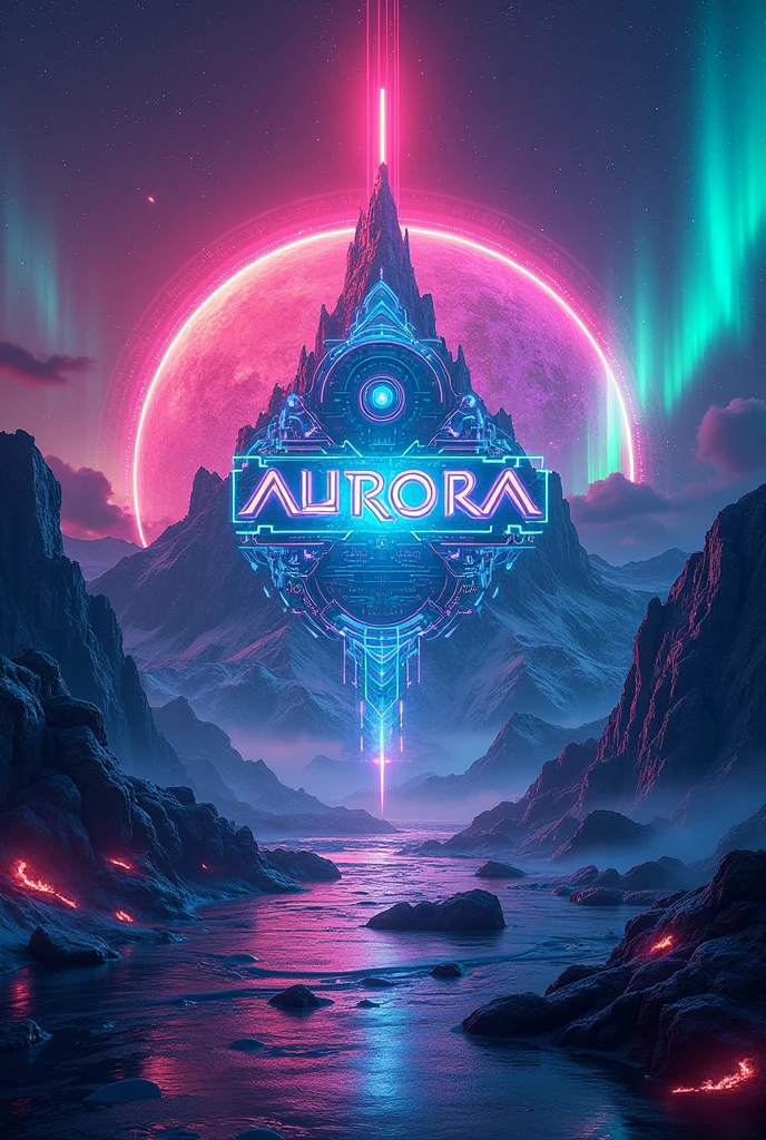 A poster , with very very funky and colourfull and unique background with a mix of digital world and Northern lights, make it dreamy, artistic, realistic, aesthetic.. Make it more digital unique , funky , digitalize , technology with mix of colourful northern Aurora lights 
Add a digital or technology logo in the middle
Add a text  in a funky text in the middle in big letters AURORA , in the middle 