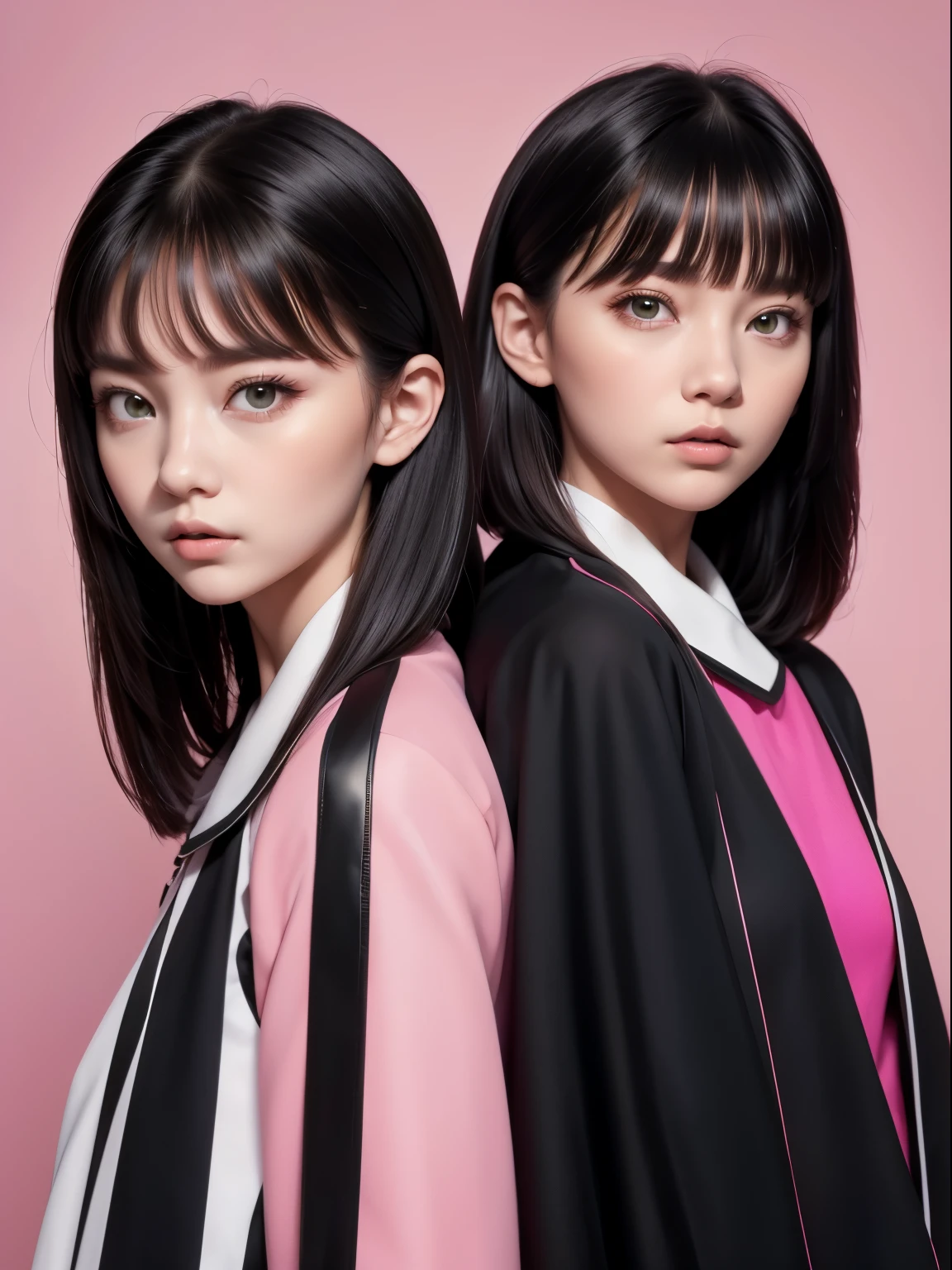 very detailed CG Unity 8K 배경화면、top quality、very detailed、masterpiece、studio shot、full body portrait、pink and black jacket、realistic、Pictures are real、very detailed 귀여운 소녀、solo、sixteen years old、squinting, gloomy expression, hands behind back、Black and pink striped background, Avant-garde hair, asymmetric hair, Black and pink multi-colored hair,