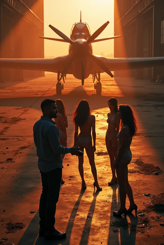 3D Style，Aerial Photography，Two-color，black，orange，The photographer holds the camera，Photo pose，With several beautiful models，commanding，factory，taller，Aircraft depot，Abandoned fighter plane，Wide-angle lens