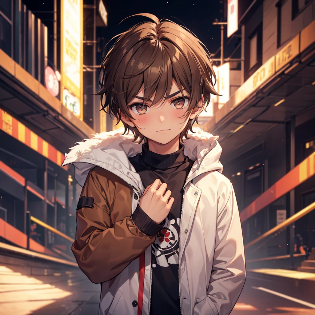 One age boy, white eyes, brown hair, Light tanned skin with a slight blush on the cheeks, wear brown jacket, relax posture, arms crossed, with a playful and challenging look, furrowed eyebrows, arrogant and kind smile, theatrical background.