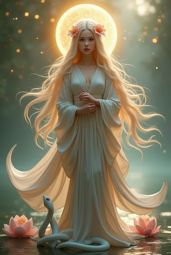 lute、Smile、Fall、lake、beauty、body facing forward、looking at camera、Cross your hands in front of you、God with golden background々It glows brightly、
vivid、kimono、decorate、long hair、Wind、lotus、White Snake、halo、Digital art、The light also shines on people:1.2
mystery、beauty的、actual、vivid、lotus、long hair、Wind、beauty的、mystery、Large Breasts:1.1、