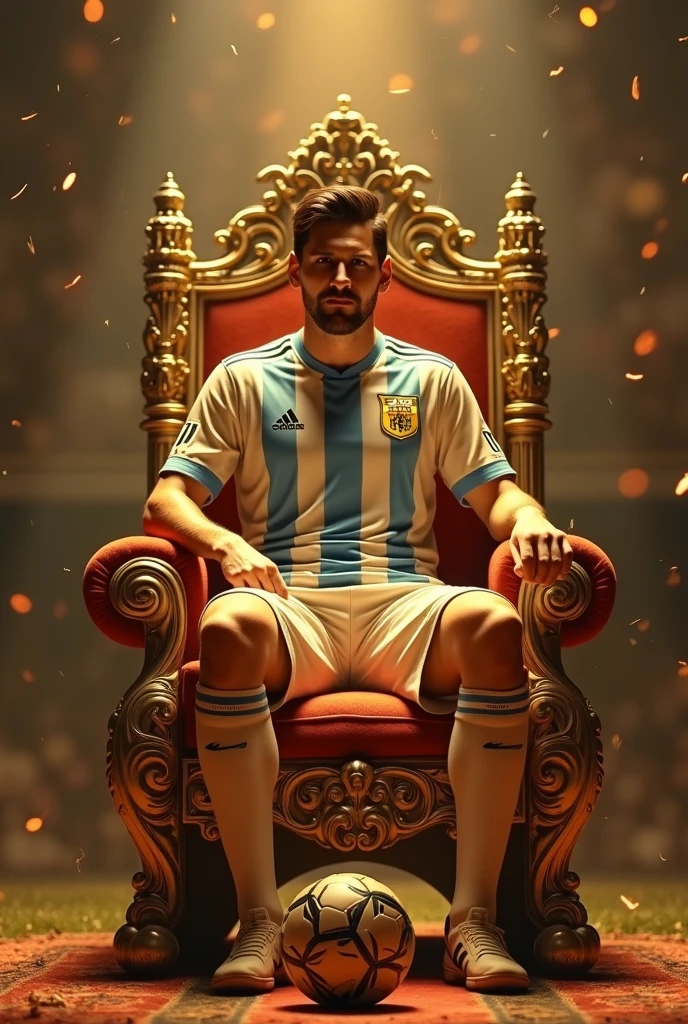 Prompt to generate the image:
"In the shape of Lionel Messi, iconic Argentine football player, is seated on a majestic throne, evoking an aura of royalty and power. He wears the traditional uniform of the Argentine national team., with the blue and white shirt. Messi holds a soccer ball under his right foot, symbolizing their dominance in the sport. The throne, of elaborate design, has gold and silver details, destacando-se contra o fundo, reminiscent of an atmosphere of victory. Messi is in a confident pose, looking straight ahead, while around him, subtle elements of footballing glory are suggested."