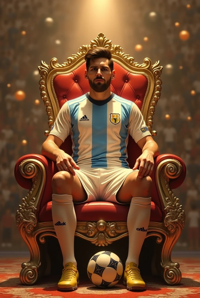 Prompt to generate the image:
"In the shape of Lionel Messi, iconic Argentine football player, is seated on a majestic throne, evoking an aura of royalty and power. He wears the traditional uniform of the Argentine national team., with the blue and white shirt. Messi holds a soccer ball under his right foot, symbolizing their dominance in the sport. The throne, of elaborate design, has gold and silver details, destacando-se contra o fundo, reminiscent of an atmosphere of victory. Messi is in a confident pose, looking straight ahead, while around him, subtle elements of footballing glory are suggested."