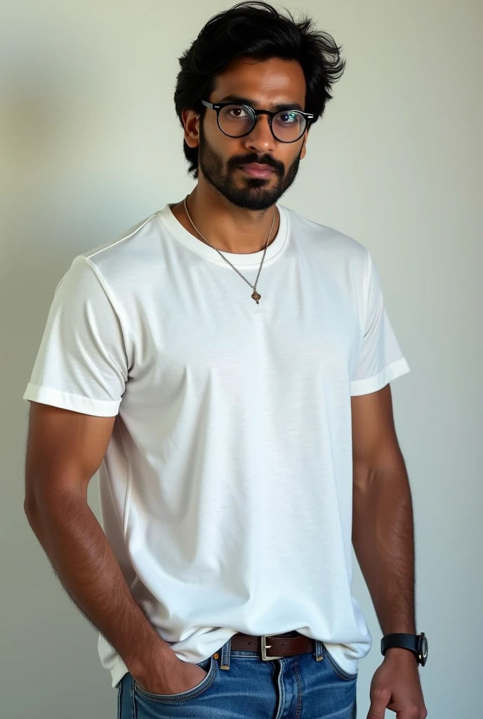 Create an image of a person with looks and characteristics of arjuna character in mahabharatha and the person wearing white classy tee shirt with blue jeans with decent and classy look in spectacles and decent hairstyle