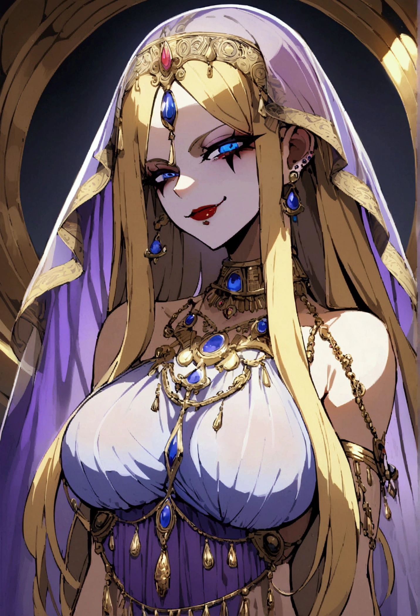 She has long blonde hair cascading down her back.Piercing blue eyes. Her outfit consists of delicate, thin chains and ornamental pieces that barely cover her body. A translucent purple veil covers her lower face, with intricate jewelry adorning her neck, arms, and waist. evil smile, subservient, large breast, egyptian style clothng