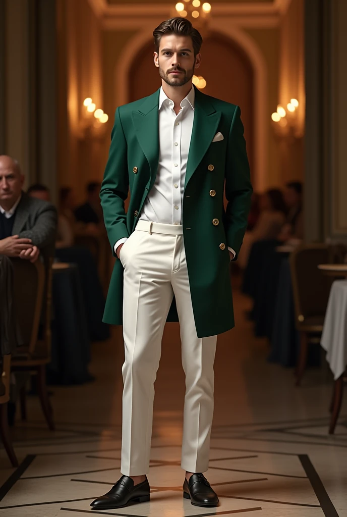 A man wearing white formal pant and white shirt with dark green brestted coat in event