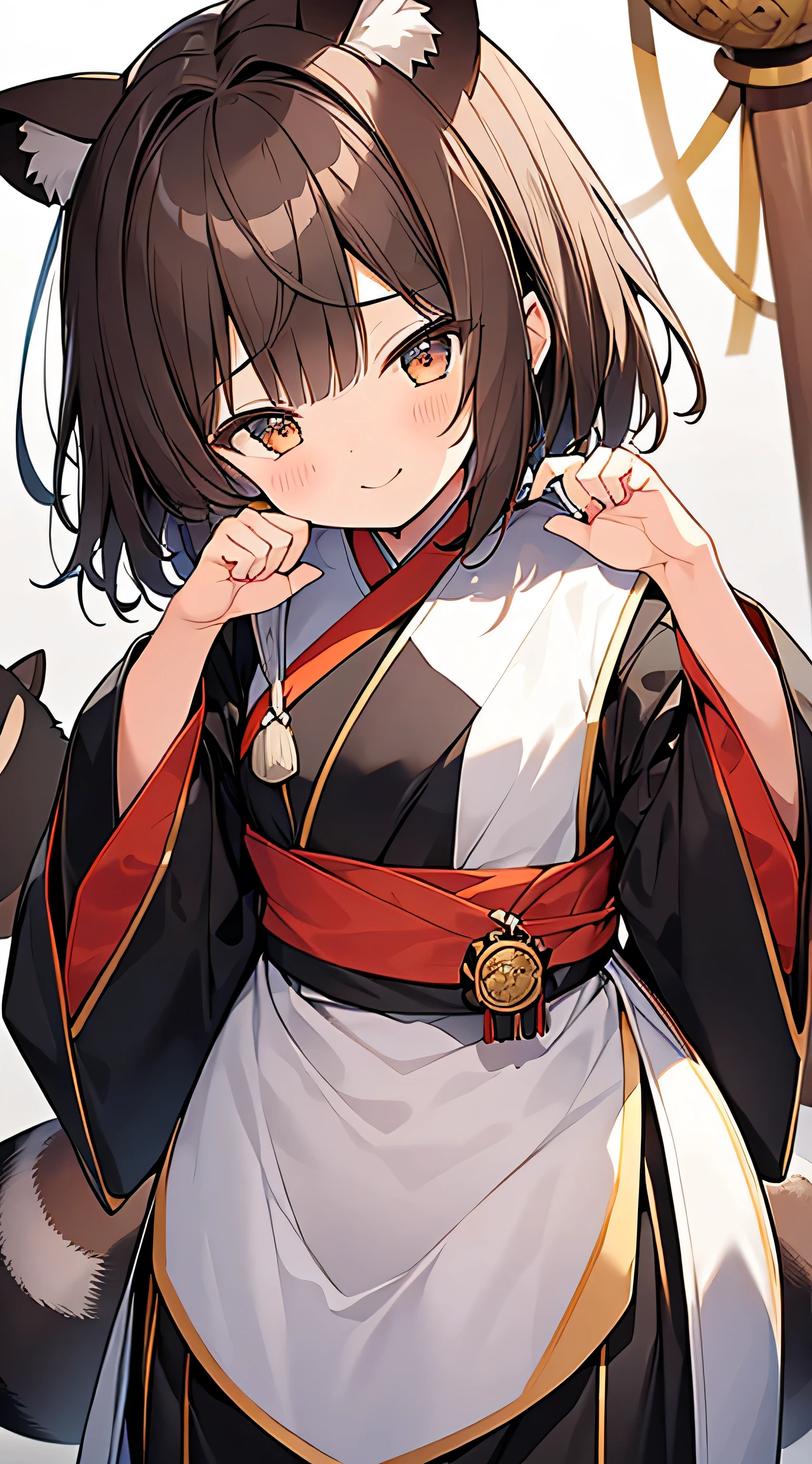 one girls。Cute s。Brown hair, brown raccoon ears。brown short cut, face up, A slight smil。see the beholder。Japan priestess costume。claw pose,sleepy,