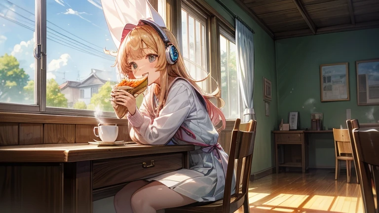 Highest quality,Asahiが差し込む部屋,One girl,(Middle school students),(happy smile),Eating a delicious sandwich,Steaming hot coffee on a desk,listening to music with headphones on,Asahi,Windows are open、Wind、Light、curtain,の髪もWindに揺られている。Lightがキラキラきらめいて美しい。My eyes are at the window。The background is watercolor-like anime style.,部屋の中はLightの粒子が煌めいて幻想的になっている,looking away,full body