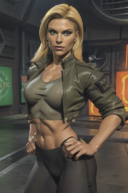 In the cinematic scene, the blonde girl emerges as a force of nature, her blue eyes radiating determination and fury as she prepares for combat. Her fitness-sculpted figure is a vision of power and strength, with towering breasts and robust thighs displaying her physical strength. Her slim waist is a testament to the determination and discipline that propel her to victory.
In the background, the action unfolds in a chaotic setting, full of movement and imminent danger. The blonde girl, however, remains steadfast amidst the tumult, her posture upright and her focused expression revealing her unwavering resolve. Every tense muscle in her body reflects her readiness for the challenge that lies ahead, as she prepares to face her destiny with courage and bravery.