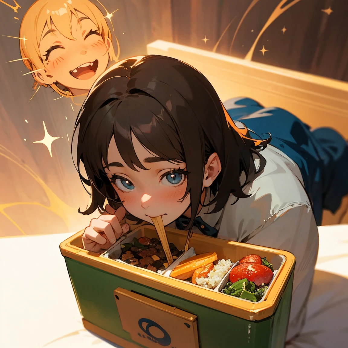 Illustrations for children's picture books,realistic, detailed illustration,A magical moment capturing  Aya with short brown hair taking her first bite of the special bento. chopstick, As she eats, a translucent, gentle image of her mother's smiling face appears around her like a warm, glowing aura. Aya's expression is transforming from sadness to joy, her eyes widening with wonder and her mouth curving into a smile. Sparkles of light emanate from the bento, surrounding Aya and intermingling with the illusion of her mother. The background fades into a soft, dreamy blur, emphasizing the emotional impact of the moment, (focus on lunch box:1.2)., hand-painted style, digital art touch,(illustration:1.5), (Watercolor:1,2)