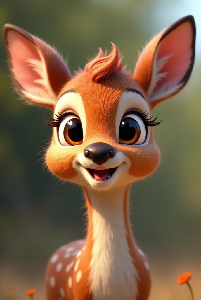 Create a close-up image of an adorable Deer
smiling, facing the camera with a zoomed-in perspective. The animal should have a cute and expressive face, resembling the animation style of Pixar by Disney, with large, shiny eyes and a joyful smile. The background should be blurred to emphasize the animal's face. Each animal should appear friendly and endearing, with soft fur or feathers and bright, cheerful colors."