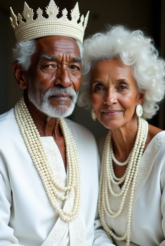Elderly couple over 90 years old man and woman with curly white hair Africans dressed in white with white jewelry and crown with white pearl necklaces sitting