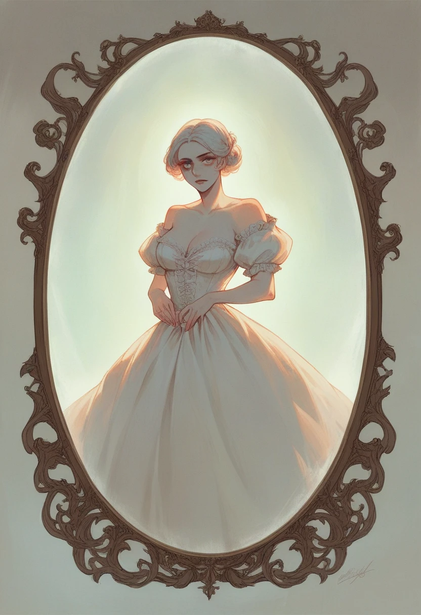 A dark and atmospheric oil painting featuring a stunning Victorian-era woman. She wears an elaborate, high-necked gown adorned with lace and intricate embroidery. Her expression is mysterious, with beautiful eyes that hint at hidden secrets. The setting is a dimly lit, gothic interior, with heavy velvet drapes, a grand fireplace, and an ornate, antique mirror reflecting the flickering light of a candelabrum. Shadows loom in the corners, and the air seems thick with an otherworldly presence, giving the scene an occult and eerie feel. ( Big )), , detailed face 