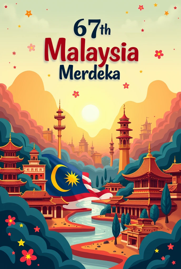 Nasional day of Malaysia, background with malaysian flag theme color, with malaysian architecture landscape , word 67th Malaysia Merdeka on top