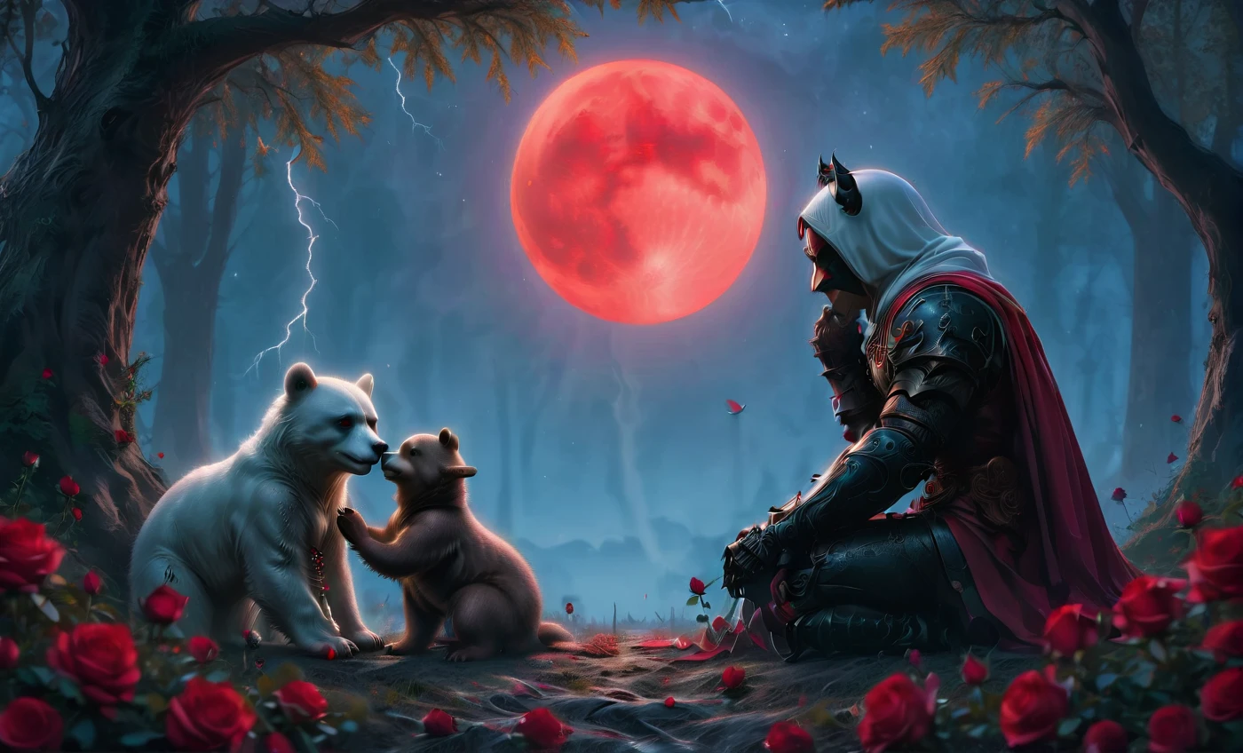 Male knight with a white hood with white bear ears and a sword behind his back sits on the ground towards a baby polar bear and a baby brown bear in a forest while the moon shines, many Roses cover the ground and lightning falls from the sky. The baby polar bear plays with the baby brown bear while the knight enjoys watching them. Only the man wears a red blindfold. In the background of the picture is the blood moon and a tree has fallen down in the path. The forest is full of trees with leaves. The armor of the man is black and red roses decorate it. The sky is full of stars. The knight is thoughtfully touching his face.