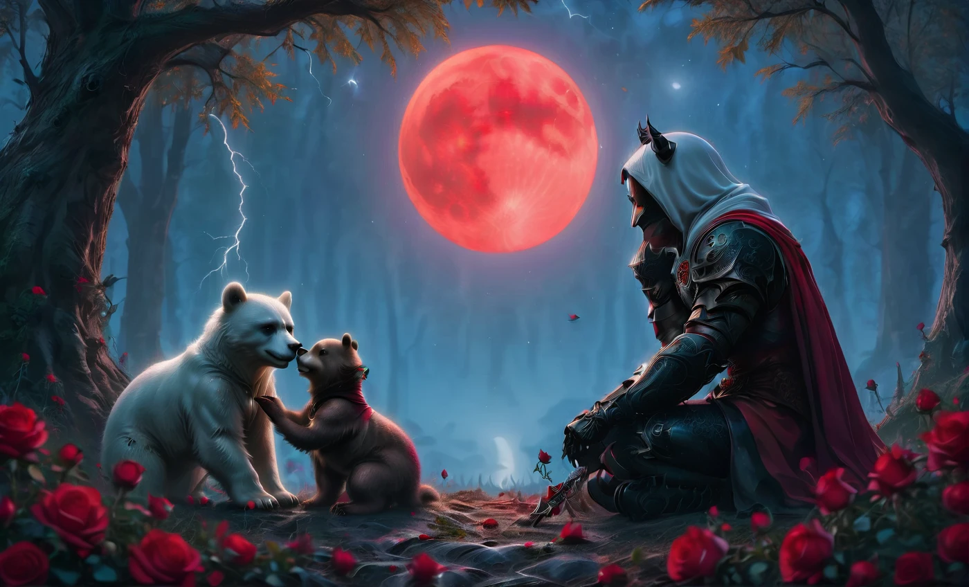 Male knight with a white hood with white bear ears and a sword behind his back sits on the ground towards a baby polar bear and a baby brown bear in a forest while the moon shines, many Roses cover the ground and lightning falls from the sky. The baby polar bear plays with the baby brown bear while the knight enjoys watching them. Only the man wears a red blindfold. In the background of the picture is the blood moon and a tree has fallen down in the path. The forest is full of trees with leaves. The armor of the man is black and red roses decorate it. The sky is full of stars. The knight is thoughtfully touching his face.