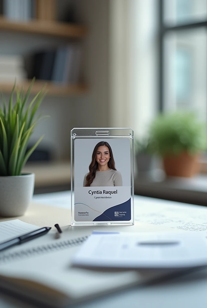 Create a badge on the table with the name Cyntia Raquel digital marketing profession with a focus on the professional badge in an office focused on the badge