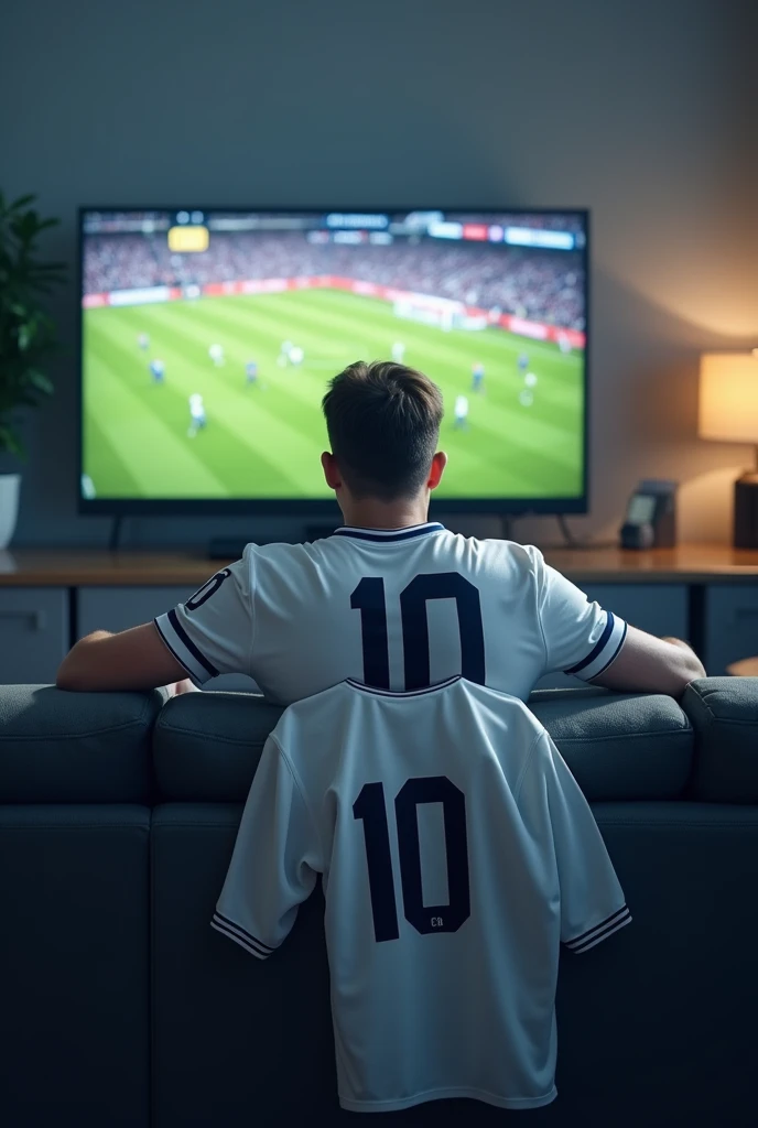 Male fan sitting on couch wearing all-white team uniform with number 10 watching football game on television, with the all-white team uniform, on an office desk 