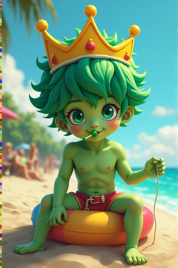 A green teenage boy with a yellow crown a green lollipop in his mouth a colorful beach buoy on his body, green hair and green eyes