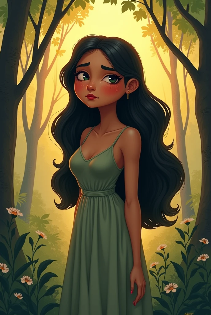 A big girl with long hair and a square face wearing a dress with a birthmark on the right side, the background is a forest in the evening, a cartoon animation picture.