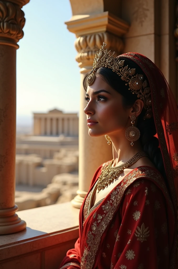 An authentic Iranian woman with a crown, jewels and gold earrings looks at Persepolis from the window of her palace.
