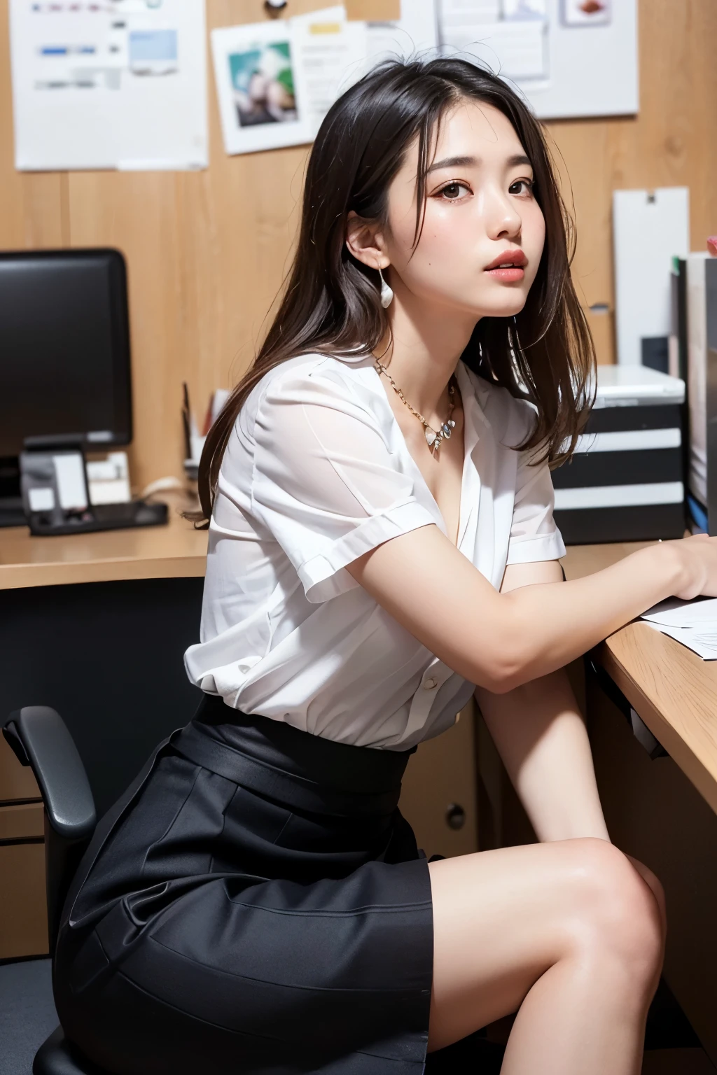 ((Realistic Sunlight, 8k, Best Quality, Masterpiece: 1.5, Illustration, Ultra-detailed, finely detail, high resolution, 8K Wallpaper, Perfect dynamic composition, Beautiful detailed eyes)), ((deep slit long skirt:1.8)), Natural Color Lip, (office:2.0),24 years girl, shiny sweaty skin:1.4, ((beautiful detailed face and eyes:1.5)),((Highly detailed face and skin texture, Highly detailed lip texture, Raw Photo)), (Very Delicate and Cute Japanese Girl:1.5), (1 girl), Perfect Style, necklace, earrings, realistic shadows, (profile), ((emphasis on sexy legs:1.5))