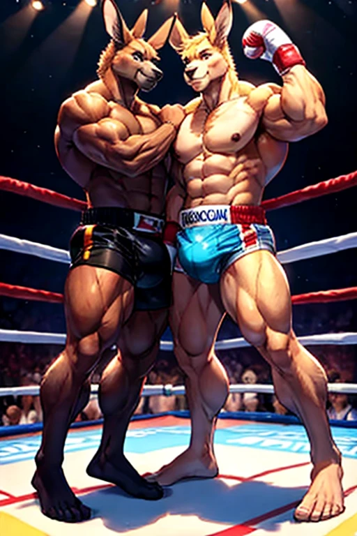 2 muscular kangaroos wearing thick diapers boxing