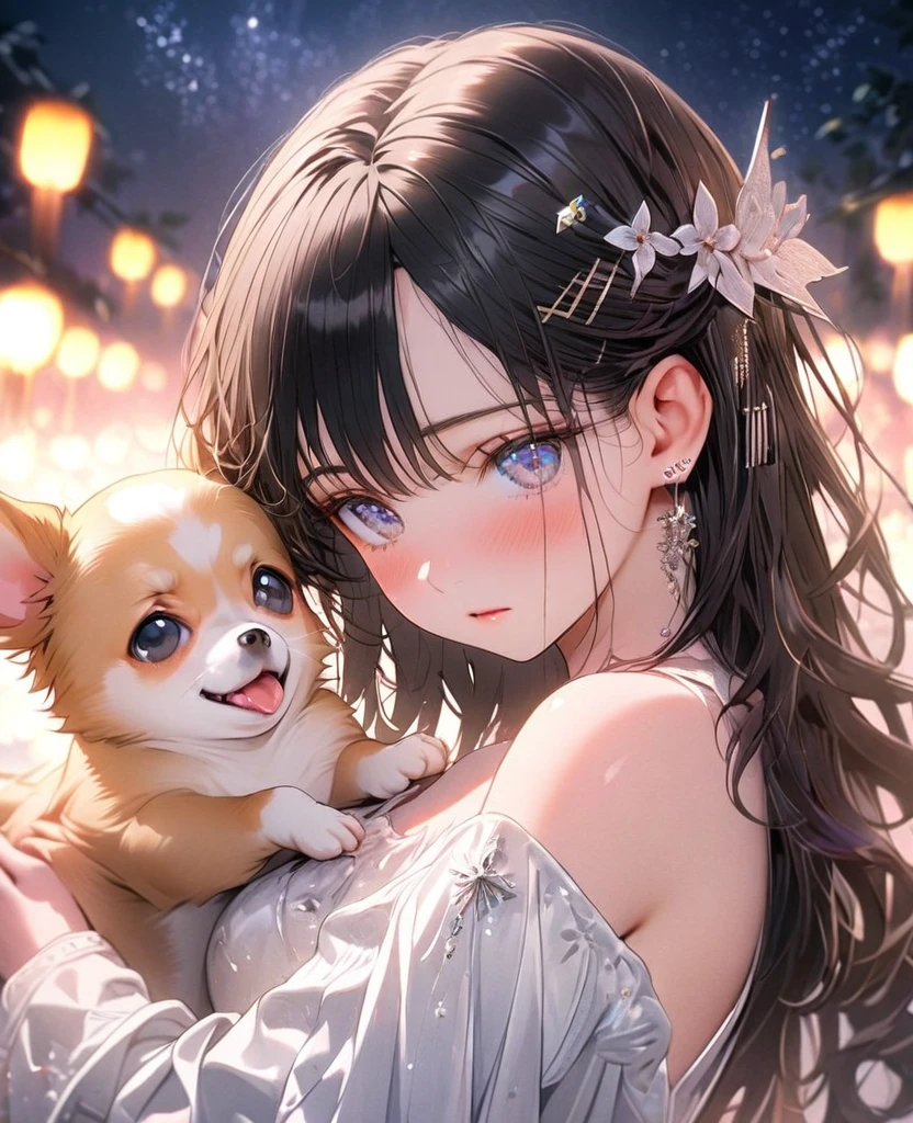 8k,Ephemeral beauty，Very delicate and beautiful,Beautiful and realistic skin,Shiny Hair,Black Hair、Long and colorful hair,Beautiful Eyes,Beautiful night sky、shy、Hair is half-up without any hair accessories、small jewel pin、No earrings、No piercing、Shy、Beautiful white clothes、Chihuahua(Cream)hug