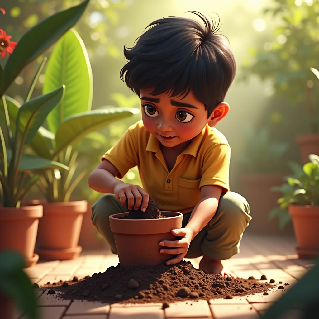 An 8- Indian boy fills soil inside a pot