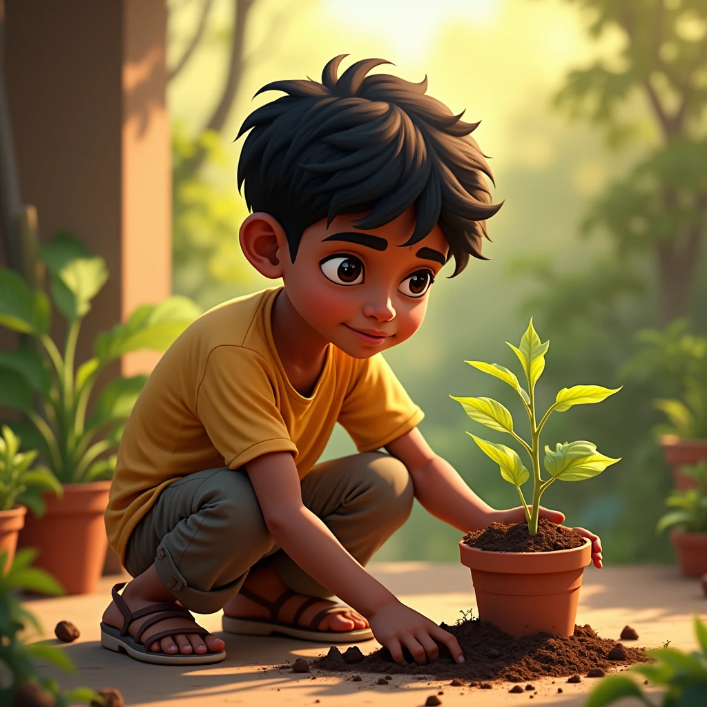 An 8- Indian boy fills soil inside a pot