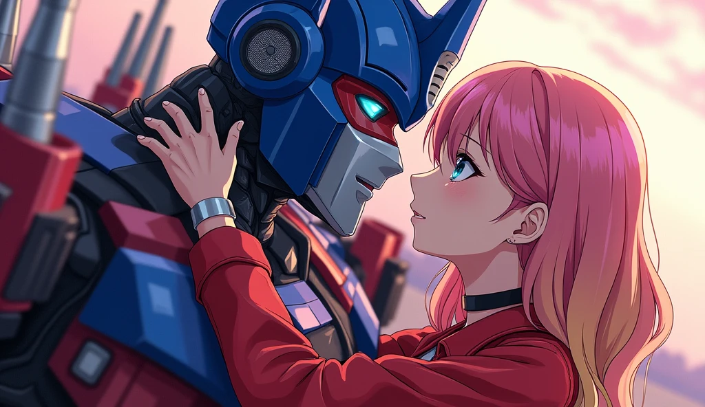 Optimus Prime & Rika Kawai, Kiss,girl And Robot Autobot, masterpiece, highres, blonde hair,pink hair, Blue eyes, multicolored hair,RikaKawaiR4,red jacket,choker, アニメ, Rika Kawai WEP, Rika Kawai One-Ex