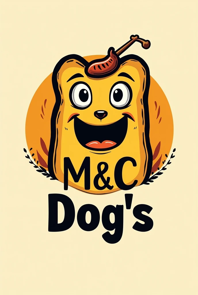 A hot dog logo with the brand "M&C Dog's" with black and yellow colors